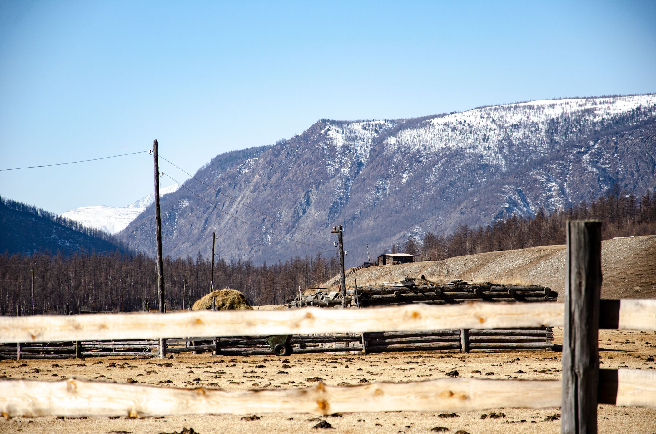 Wooden ranch corral fence with mountains in the distance